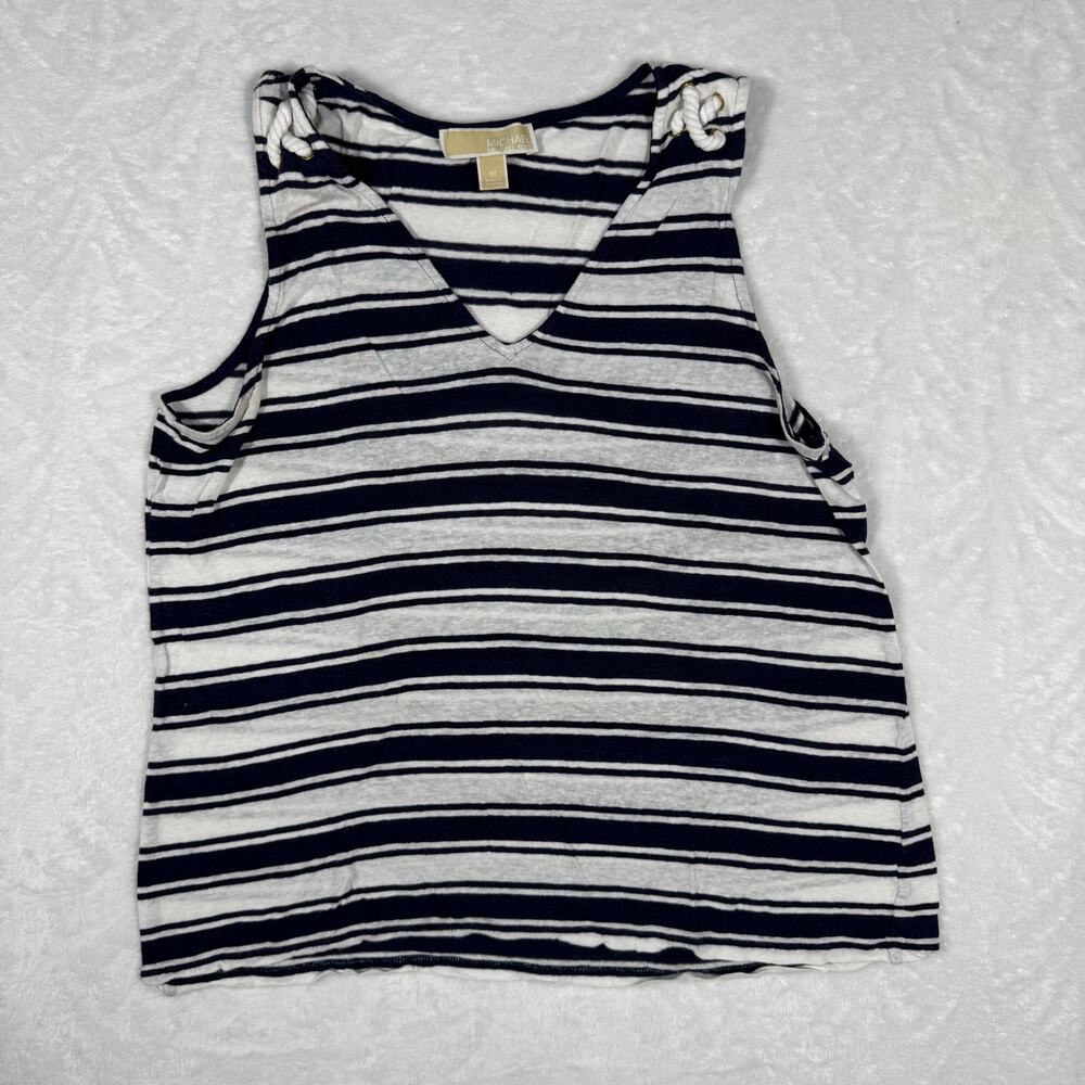 Michael Kors Stripped Linen V-Neck Nautical Sleeveless Top Women's Medium Blue